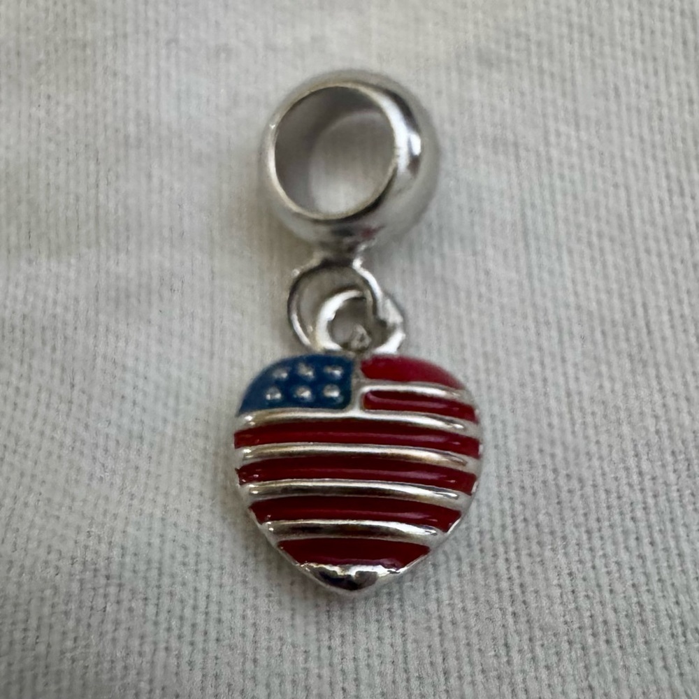 Silver American Flag Heart Charm Patriotic Dangle Charm- Red & Blue for Jewelry